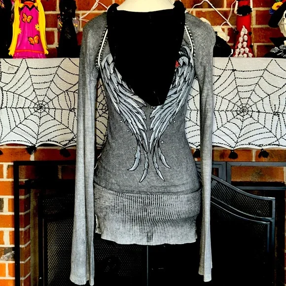 Y2K SINFUL black and gray acid wash bell sleeve hoodie with gem red rose - Picture 9 of 11